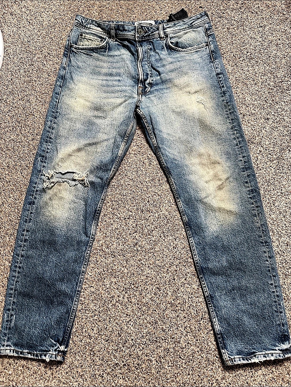 Zara Man Denimwear Distressed Straight Leg Jeans in Blue Waist 34x29
